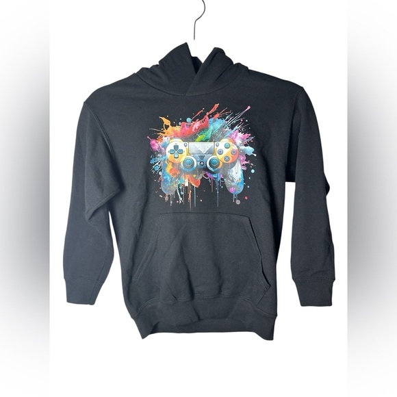 Fruit of the Loom Kids Hoodie Black Gamer Graphic Sweatshirt Size 7-8 - Picture 1 of 7